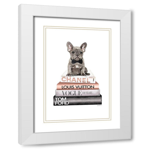 Rose Gold Frenchie Bookstack White Modern Wood Framed Art Print with Double Matting by Amanda Greenwood