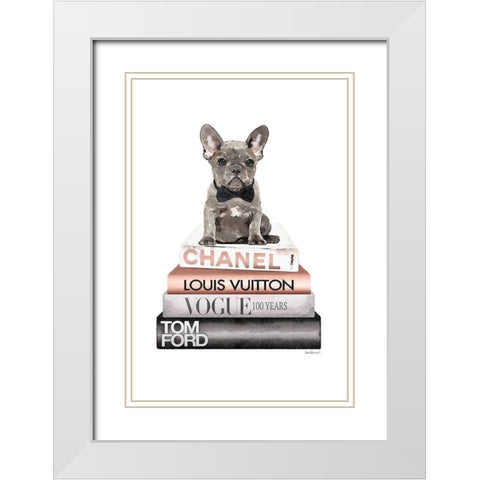 Rose Gold Frenchie Bookstack White Modern Wood Framed Art Print with Double Matting by Amanda Greenwood