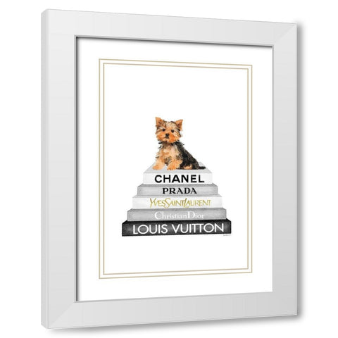 Yorkie Bookstack IIII White Modern Wood Framed Art Print with Double Matting by Amanda Greenwood