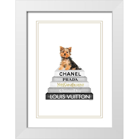 Yorkie Bookstack IIII White Modern Wood Framed Art Print with Double Matting by Amanda Greenwood