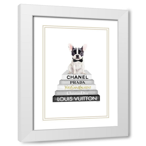 Frenchie Bookstack V White Modern Wood Framed Art Print with Double Matting by Amanda Greenwood