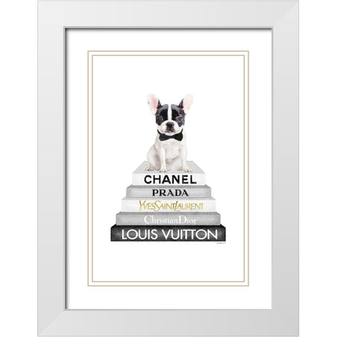 Frenchie Bookstack V White Modern Wood Framed Art Print with Double Matting by Amanda Greenwood