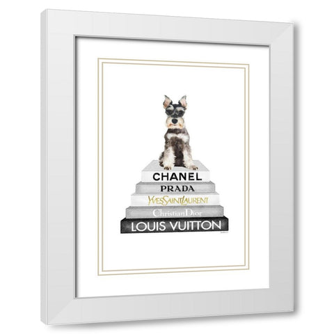 Schnauzer Bookstack White Modern Wood Framed Art Print with Double Matting by Amanda Greenwood