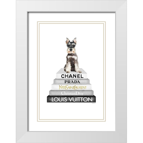 Schnauzer Bookstack White Modern Wood Framed Art Print with Double Matting by Amanda Greenwood