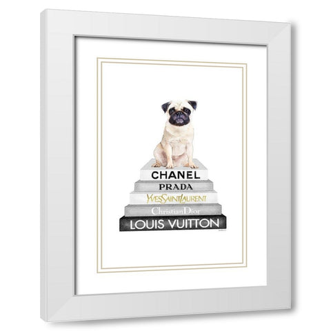 Pug Bookstack White Modern Wood Framed Art Print with Double Matting by Amanda Greenwood