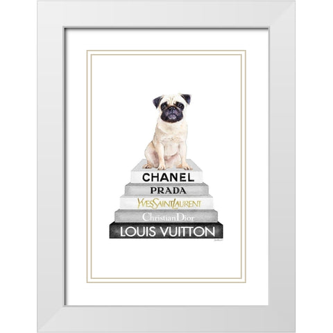 Pug Bookstack White Modern Wood Framed Art Print with Double Matting by Amanda Greenwood