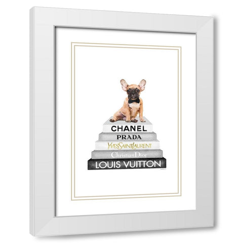 Fawn Frenchie Bookstack White Modern Wood Framed Art Print with Double Matting by Amanda Greenwood