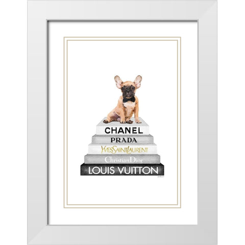 Fawn Frenchie Bookstack White Modern Wood Framed Art Print with Double Matting by Amanda Greenwood