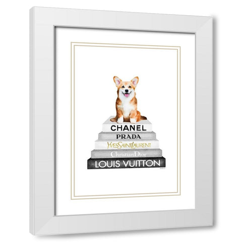Corgi Bookstack White Modern Wood Framed Art Print with Double Matting by Amanda Greenwood