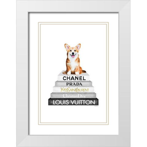 Corgi Bookstack White Modern Wood Framed Art Print with Double Matting by Amanda Greenwood
