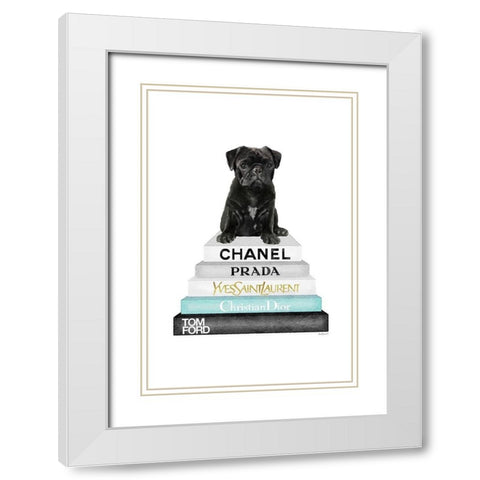 Bookstack Teal Pug White Modern Wood Framed Art Print with Double Matting by Amanda Greenwood