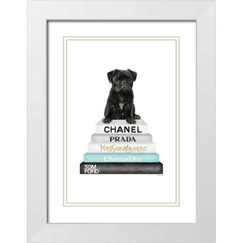 Bookstack Teal Pug White Modern Wood Framed Art Print with Double Matting by Amanda Greenwood