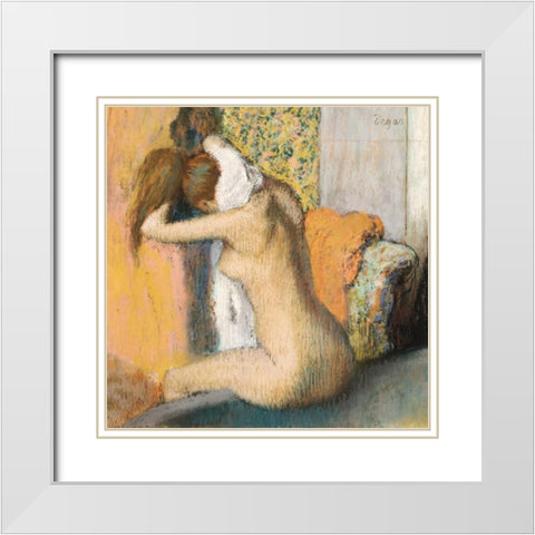 After the Bath White Modern Wood Framed Art Print with Double Matting by Degas, Edgar