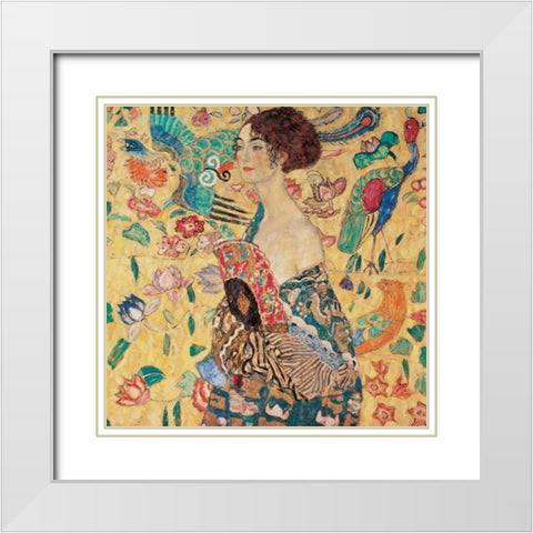 Donna con ventaglio White Modern Wood Framed Art Print with Double Matting by Klimt, Gustav