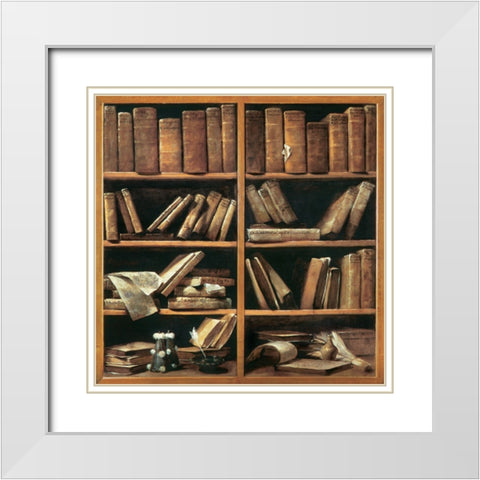 Scaffali con libri di musica White Modern Wood Framed Art Print with Double Matting by Crespi, Giuseppe Maria
