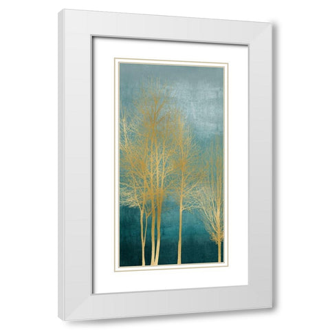 Gold Trees on Aqua Panel I White Modern Wood Framed Art Print with Double Matting by Bennett, Kate