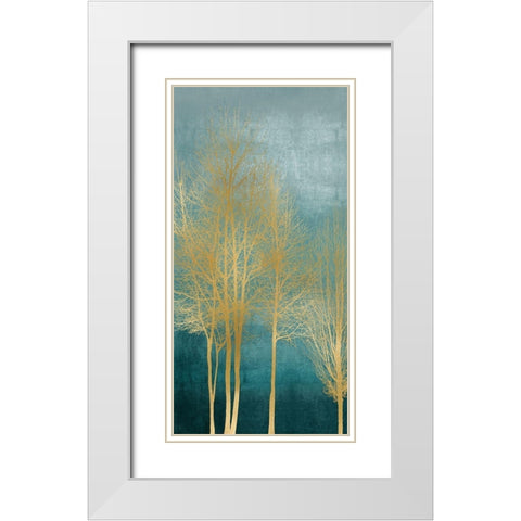 Gold Trees on Aqua Panel I White Modern Wood Framed Art Print with Double Matting by Bennett, Kate