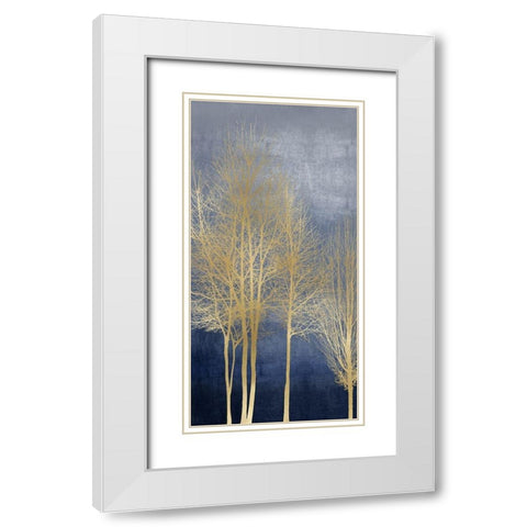 Gold Trees on Blue Panel I White Modern Wood Framed Art Print with Double Matting by Bennett, Kate