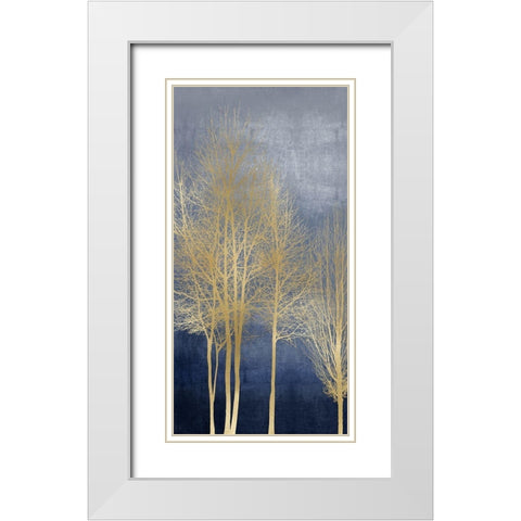 Gold Trees on Blue Panel I White Modern Wood Framed Art Print with Double Matting by Bennett, Kate