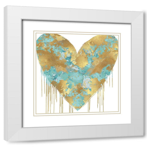 Big Hearted Aqua and Gold White Modern Wood Framed Art Print with Double Matting by Rodgers, Lindsay