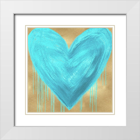 Big Hearted Aqua on Gold White Modern Wood Framed Art Print with Double Matting by Rodgers, Lindsay