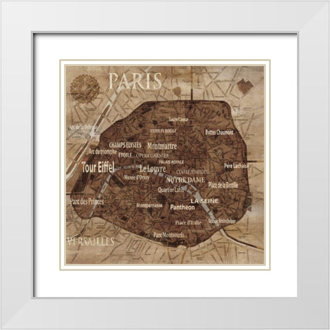Map of Paris White Modern Wood Framed Art Print with Double Matting by Wilson, Luke