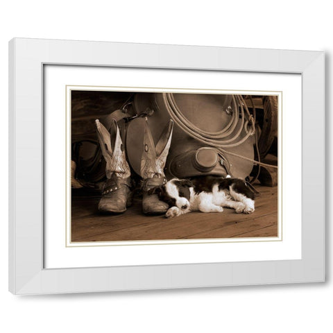 Cowboy Puppy White Modern Wood Framed Art Print with Double Matting by Dawson, Robert