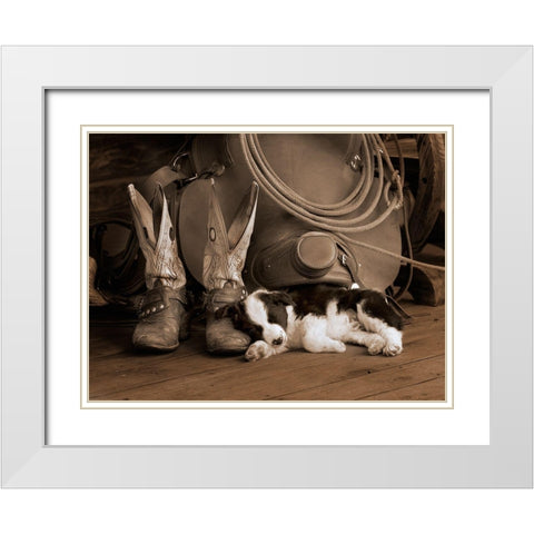 Cowboy Puppy White Modern Wood Framed Art Print with Double Matting by Dawson, Robert