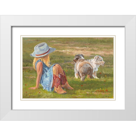 Red Boots and Puppies White Modern Wood Framed Art Print with Double Matting by Dudley, June