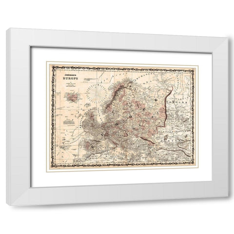1862 Johnson Vintage Map of Europe White Modern Wood Framed Art Print with Double Matting by Johnson