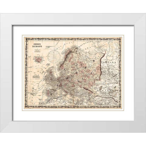 1862 Johnson Vintage Map of Europe White Modern Wood Framed Art Print with Double Matting by Johnson