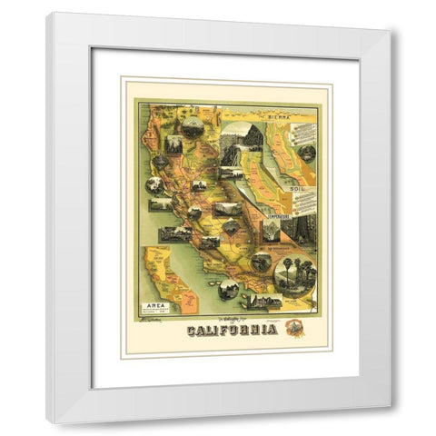 California Illustrated Map - Jones 1898 White Modern Wood Framed Art Print with Double Matting by Jones