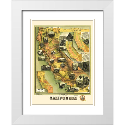 California Illustrated Map - Jones 1898 White Modern Wood Framed Art Print with Double Matting by Jones
