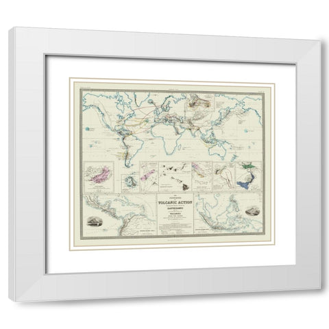 Global Volcanic Action Earthquakes - Johnston 1854 White Modern Wood Framed Art Print with Double Matting by Johnston