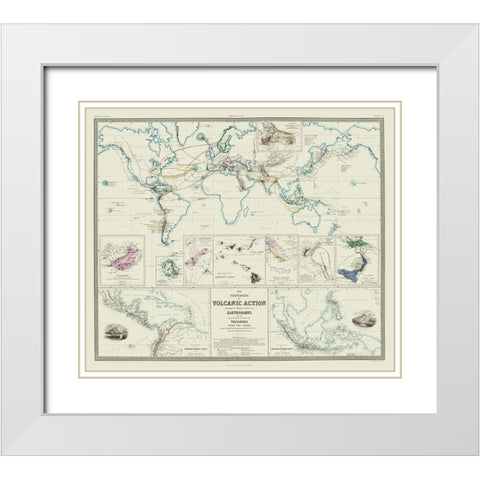 Global Volcanic Action Earthquakes - Johnston 1854 White Modern Wood Framed Art Print with Double Matting by Johnston