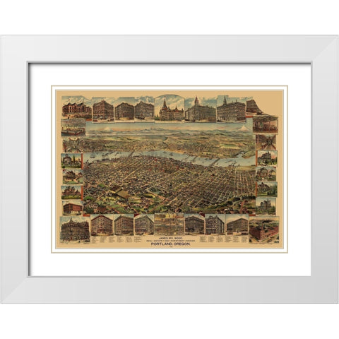 Portland Oregon - Elliot 1890 White Modern Wood Framed Art Print with Double Matting by Elliot