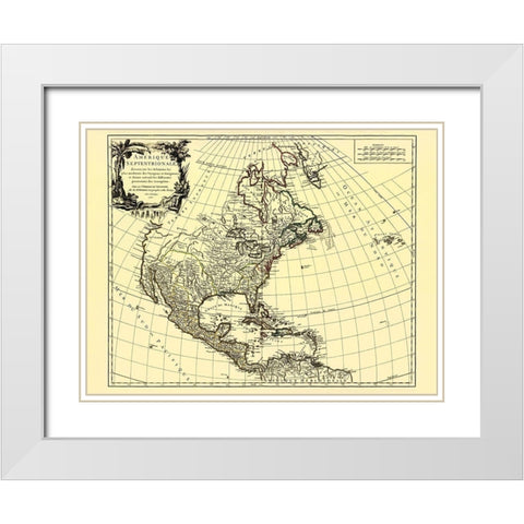 European Possessions North America - Vaugondy 1750 White Modern Wood Framed Art Print with Double Matting by Vaugondy