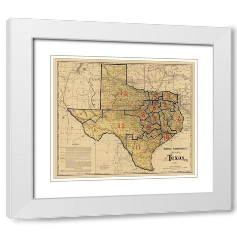 Railroad Commissioners Map of Texas -1897 White Modern Wood Framed Art Print with Double Matting by Unknown