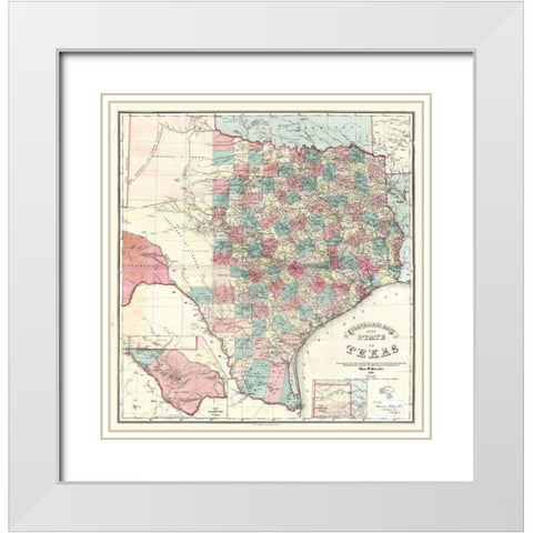 Travellers Map Texas - Pressler 1867 White Modern Wood Framed Art Print with Double Matting by Pressler