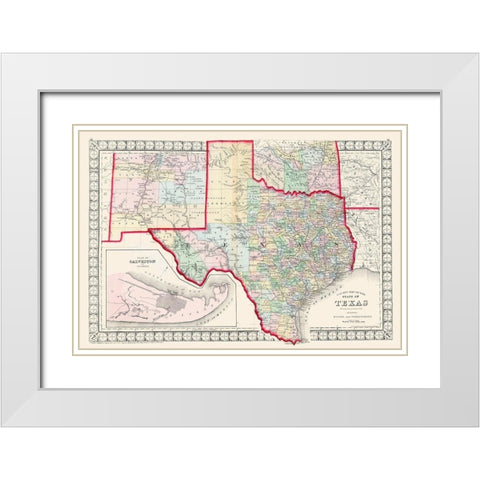Texas - Augustus Mitchell 1874 White Modern Wood Framed Art Print with Double Matting by Mitchell