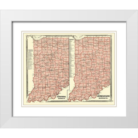 Indiana Senatorial, Representative Districts 1876 White Modern Wood Framed Art Print with Double Matting by Baskin