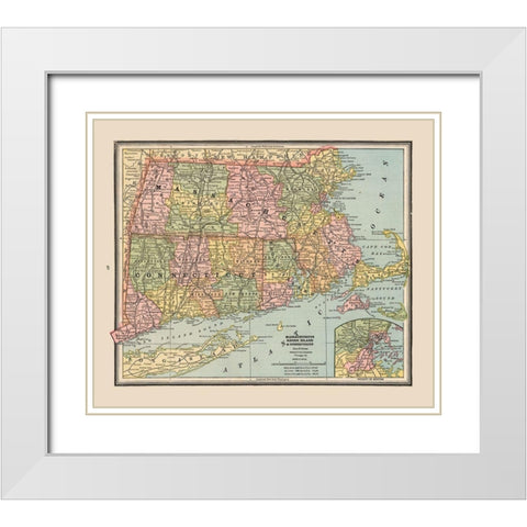 Massachusetts, Rhode Island - Cram 1888 White Modern Wood Framed Art Print with Double Matting by Cram