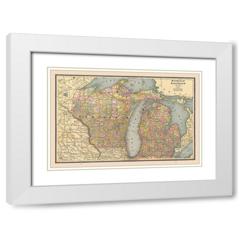 Michigan, Wisconsin - Cram 1888 White Modern Wood Framed Art Print with Double Matting by Cram