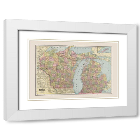 Michigan, Wisconsin - Cram 1892 White Modern Wood Framed Art Print with Double Matting by Cram