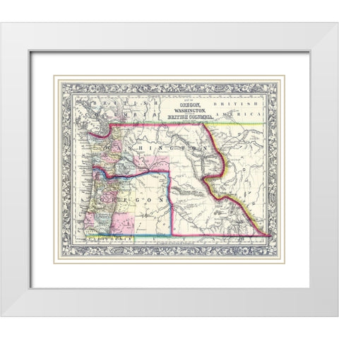 Oregon, Washington, Part of British Columbia - White Modern Wood Framed Art Print with Double Matting by Unknown