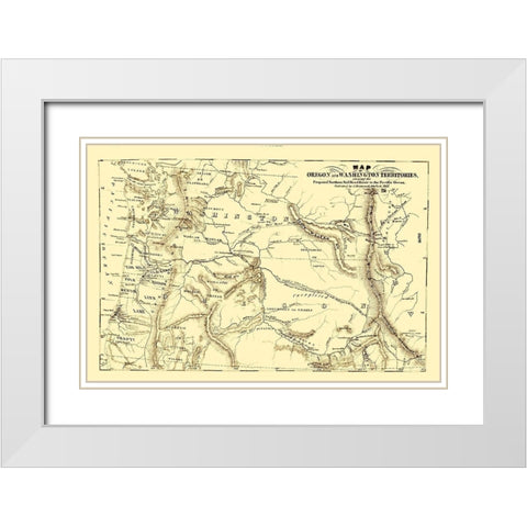 Oregon and Washington Proposed Railroad Route 1855 White Modern Wood Framed Art Print with Double Matting by Disturnell