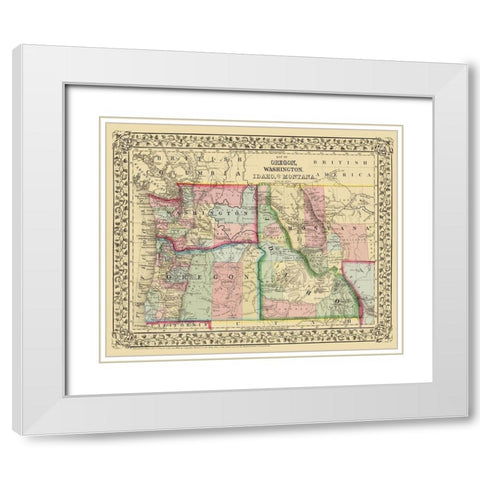Oregon, Washington, Idaho, Montana - Mitchell 1870 White Modern Wood Framed Art Print with Double Matting by Mitchell