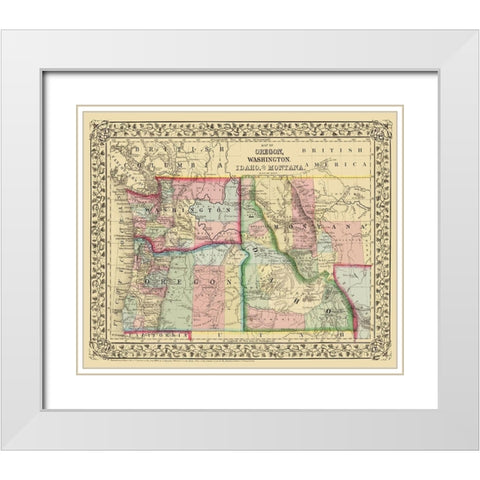 Oregon, Washington, Idaho, Montana - Mitchell 1870 White Modern Wood Framed Art Print with Double Matting by Mitchell