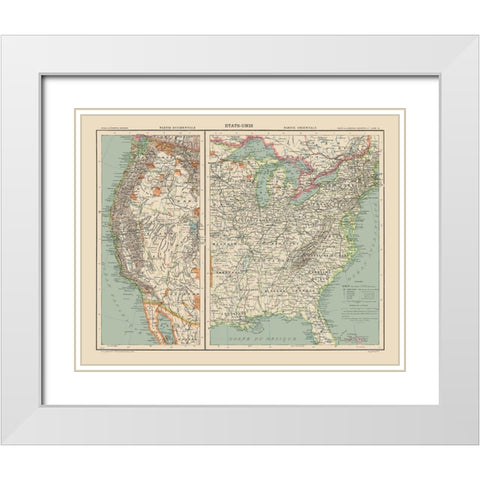 West and East United States - Schrader 1908 White Modern Wood Framed Art Print with Double Matting by Schrader