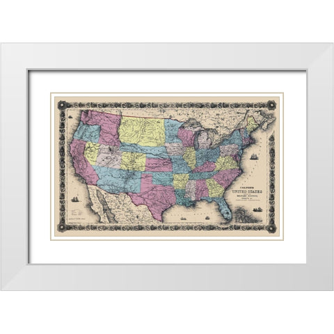 US with Military Stations, Forts - Colton 1861 White Modern Wood Framed Art Print with Double Matting by Colton
